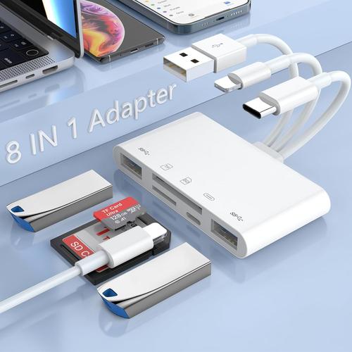 Lecteur de carte SD 5-en-1 Type C+USB+Lightning pour iPhone/iPad/Android/PC pour appareil photo, disque dur, clé USB, 2 USB 3.0 + port de charge Adaptateur OTG supportant SD/Micro SD/SDHC/SDXC/MMC