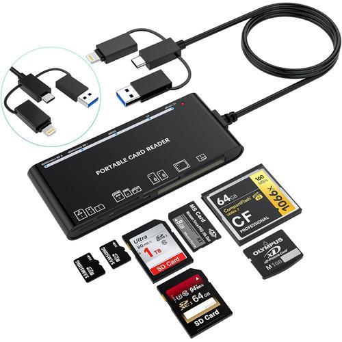 7-en-3 USB C Lightning USB 3.0 Multi Card Reader Universal Memory Card Adapter Hub pour iPhone, iPad, MacBook, Samsung Support SD,CF,Micro SD, XD, MS,TF Compatible avec Windows,Mac OS, iOS,