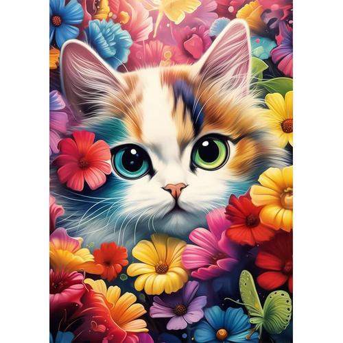 Chat Coloré Diamond Painting Broderie Peinture Diamant Kit Complet, 5d Rond Diamant Painting Tableau Fleurs Pour Adulte Enfant Strass Point De Croix Decoration Chambre Murale 30x40cm