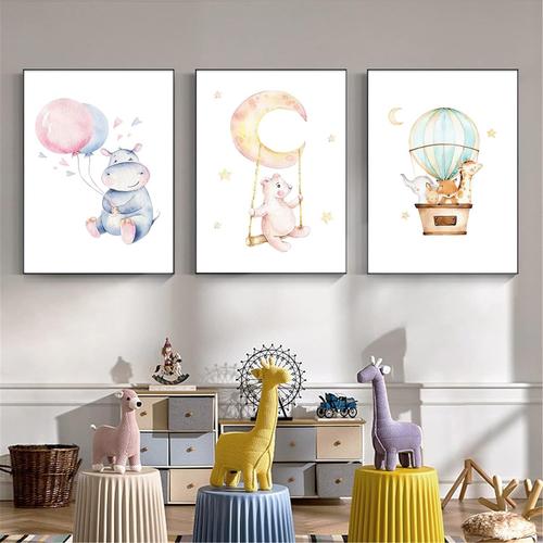 Lot de 3 posters décoratifs pour chambre d'enfant - Photos pour chambre de bébé, garçon et fille - Sans cadre - Motif éléphant, ours, ballon étoiles, lune (20 x 30 cm, B)