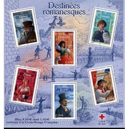 France 2003, Très Beau Bloc Feuillet Neuf** Luxe Yvert Bf 60, Destinées Romanesques, Timbres 3588 Vidocq, 3589 Esméralda, 3590 Claudine, 3591 Nana, 3592 Monte-Cristo, 3593 Gavroche.