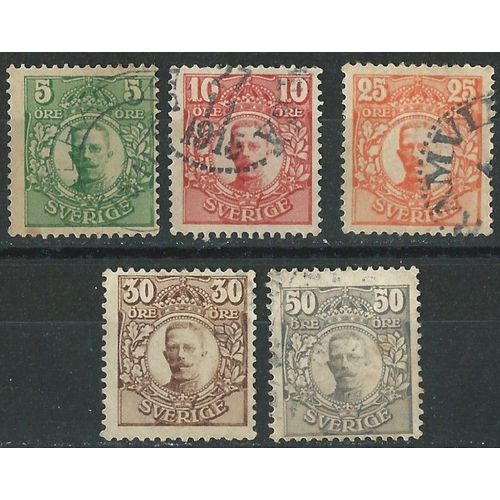 Timbre Suède Le Roi Gustave V Lot De 5 Timbres Oblitérés 1911