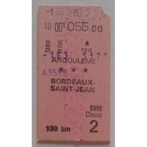 Billet Sncf Angoulême Bordeaux-Saint-Jean Classe 2 Tarif Réduit 1975