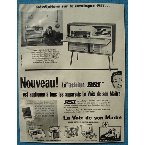 Publicité Papier - Poste Radio Et Électrophone Pathé Marconi, La Voix De Son Maître De 1956