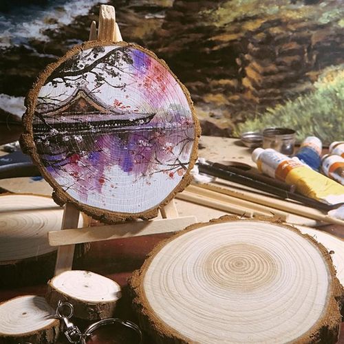 Xm 4 Pièces Bricolage Peinture En Bois Pendentifs Décor Puces En Bois Embellissement Artisanat Ornements Tranches Avec Chevalet Pour La Décoration De Mariage A3