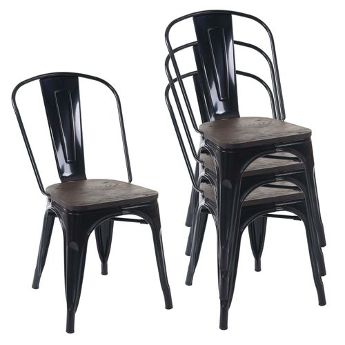 4x Chaise De Bistro Hwc-A73, Avec Siège En Bois, Chaise Empilable, Métal, Design Industriel   Noir