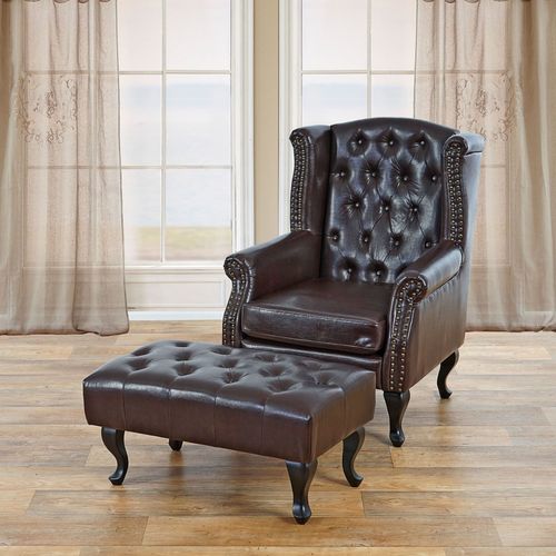 Fauteuil De Relaxation Chesterfield, Cuir Synthétique   Brun Antique Avec Repose-Pied