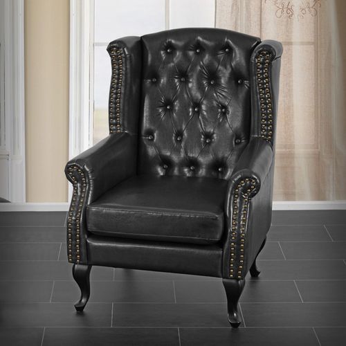 Fauteuil De Luxe À Oreilles Chesterfield Similicuir   Noir Sans Pouf