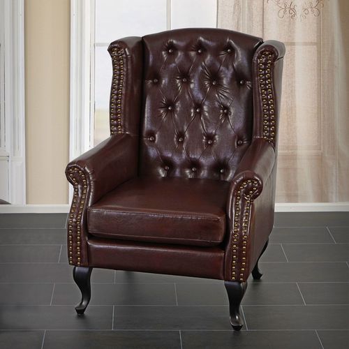 Fauteuil De Luxe À Oreilles Chesterfield Similicuir   Brun Antique Sans Pouf