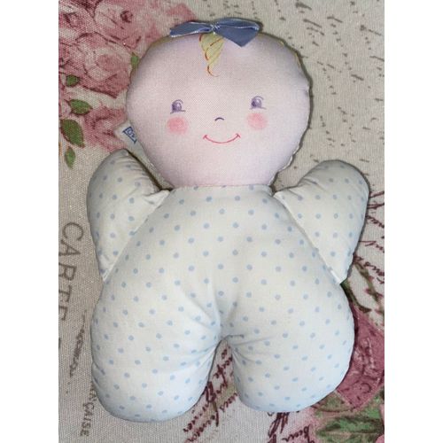 Doudou Hochet Tissu Corolle Poupee Poupon Bebe Nouveau Ne Peluche Grelot Vintage Blanc Petits Pois Bleus Noeud Fillette Bleu Ciel Satin Jouet Eveil