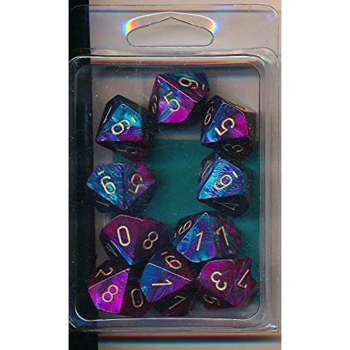 Chessex Dice Sets Gemini Purple & Teal With Gold - Ten Sided Die D10 Set (10)