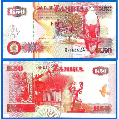 Zambia 50 Kwacha 1992 Neuf Aigle Zebre Animal Oiseau Billet