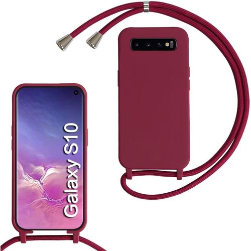 Coque Avec Cordon Samsung Galaxy S10 4g, Housse Tpu Anti-Choc, Protection Complète Collier Réglable, Rouge.