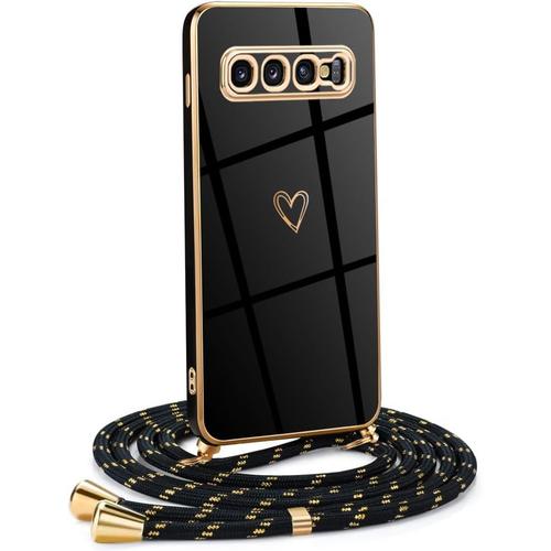 Coque Lanyard Samsung Galaxy S10 4g Motif Coeur D'amour Tpu Housse, Collier Réglable Or Noir