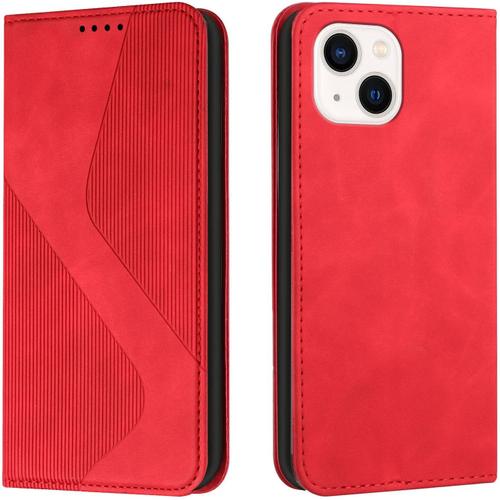 Coque Iphone 14 6,1 En Cuir Pu, Rabat Magnétique, Antichoc Tpu Etui Housse Portefeuille Rouge.