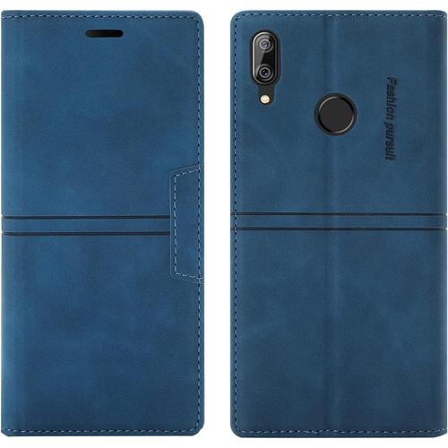 Coque Huawei P Smart 2019/Honor 10 Lite, Étui Magnétique Tpu Antichoc Cuir Premium, Fentes Pour Cartes, Portefeuille Bleu