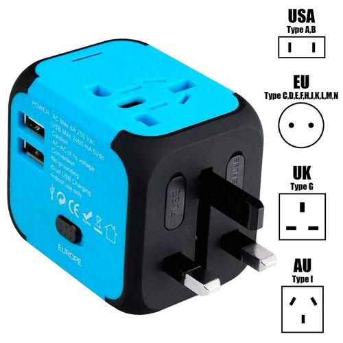 XM Adaptateur de Voyage Internationale avec 2 USB Prises UK AU US EU Monde Universel Type A B C D E F G H I J K L M N Bleu