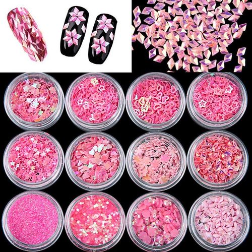 Bon66 12 Pièces Rose Série Mélange Flocon De Neige Coeur Étoile Ongles Paillettes Brillant Ongles Paillettes Poudre Strass Conseils Nail Art Décoration 