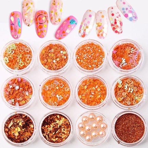 Bon66 12 Pièces Orange Série Mélange Flocon De Neige Coeur Étoile Ongles Paillettes Brillant Ongles Paillettes Poudre Perle Conseils Bricolage Nail Art Décoration 