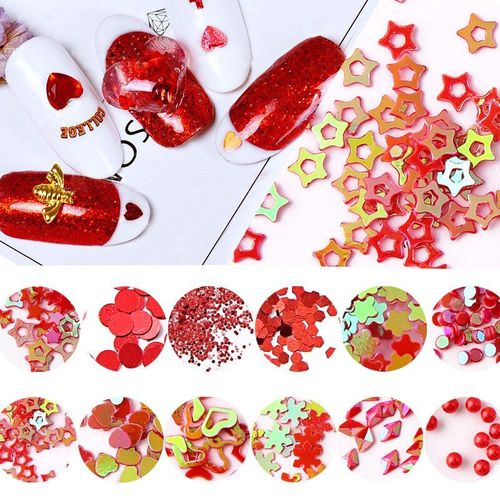 Bon66 12 Pièces Série Rouge Mélange Aléatoire Flocon De Neige Coeur Étoile Ongles Paillettes Brillant Ongles Paillettes Poudre Perle Bricolage Nail Art Décoration 