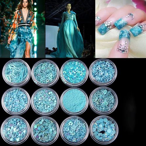 Bon66 12 Pièces Aigue-Marine Série Mélange Flocon De Neige Coeur Étoile Ongles Paillettes Brillant Ongles Paillettes Poudre Strass Conseils Nail Art Décoration 