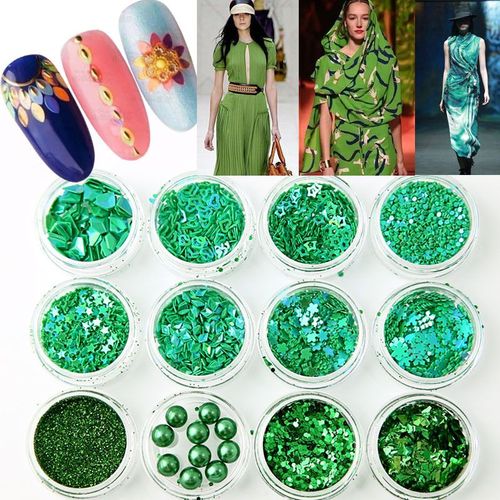 Bon66 12 Pièces Série Verte Mélange Flocon De Neige Coeur Étoile Ongles Paillettes Brillant Ongles Paillettes Poudre Strass Conseils Nail Art Décoration 