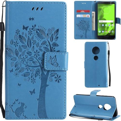 Coque Étui En Cuir Pu Pour Motorola Moto E5 Plus Avec Motif Arbre Chat, Support De Portefeuille Pour Carte, Couleur Bleue.