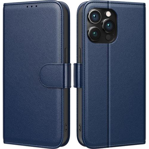 Coque Iphone 15 Pro Max En Cuir Véritable Avec Blocage Rfid, Housse De Protection Fermeture Magnétique Bleue