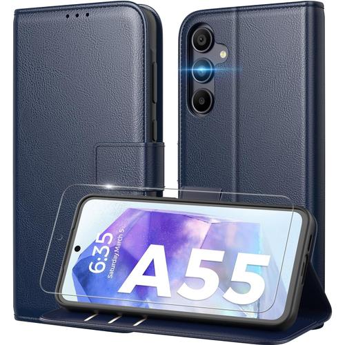 Coque Samsung Galaxy A55 5g En Verre Trempé Avec Blocage Rfid Et Pochette De Portefeuille En Pu, Étui À Rabat En Bleu.