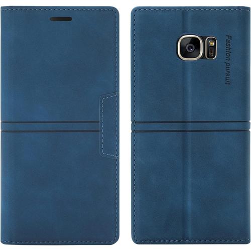 Etui Portefeuille Magnétique Antichoc En Cuir Pour Samsung Galaxy S7 Edge Avec Fentes Pour Cartes Et Rabat Bleu.