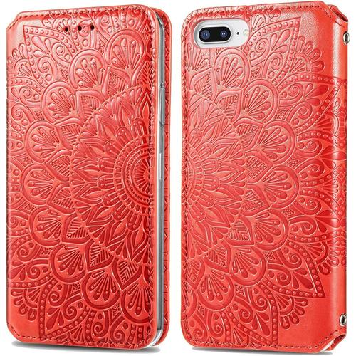 Coque Rouge Pu Cuir Relief Iphone 6s Plus/6 Plus Film De Protection Écran Hd Portefeuille Magnétique Flip Case Tpu Housse.