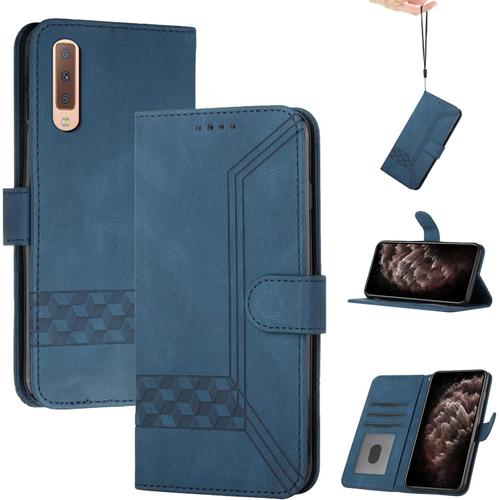 Coque Et Etui En Cuir Pu Pour Samsung Galaxy A7 2018/A750, Avec Pochette Magnétique Et Flip Case Bleu Antichoc.