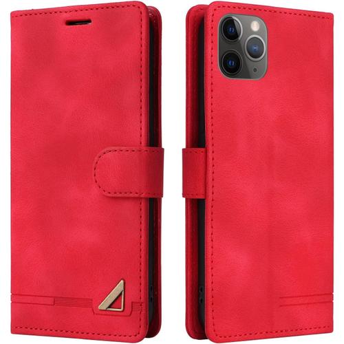Coque Iphone 11 Pro Rouge En Cuir Pu, Portefeuille Antichoc Avec Fente Carte Et Support Rabat Téléphone 5,8