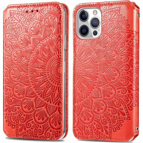 Étui Pour Iphone 12 Pro Max 6,7 Avec Film De Protection Écran Hd, Motif En Relief En Cuir Pu Portefeuille Et Tpu Rouge Flip Case.