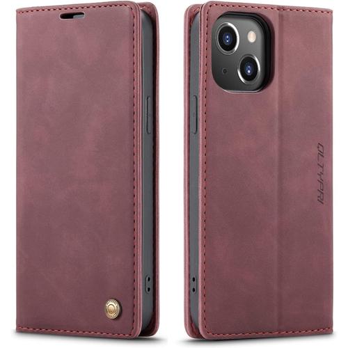 Etui Coque Pour Iphone 14, Portefeuille Fentes Cartes Housse Antichoc Cuir Pu Vintage Portefeuille Etui Pour Iphone 14 - Rouge