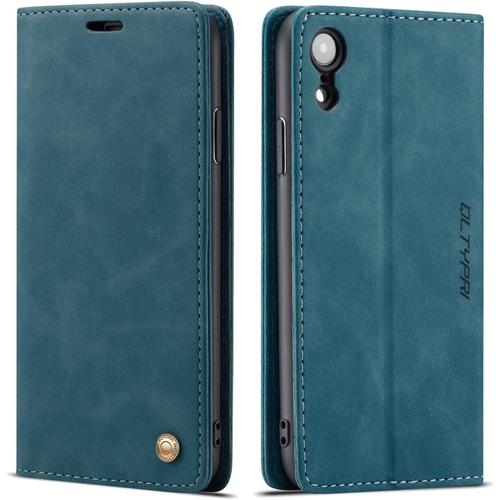 Etui Coque Pour Iphone Xr, Portefeuille Fentes Cartes Housse Antichoc Cuir Pu Vintage Portefeuille Etui Pour Iphone Xr - Bleu