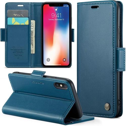 Coque Iphone X/Xs Avec Verre Trempé Et Housse En Cuir Bleu À Rabat Flip - Protège L'écran Et Offre Multifonctionnalité.