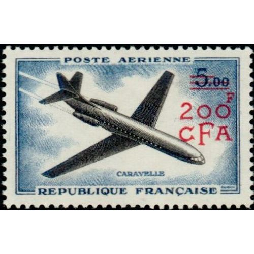 La Réunion, Département Français 1961, Beau Timbre De Poste Aérienne Yvert 59, Avion Caravelle 5f.00 Bleu Et Noir Surchargé "200f Cfa", Neuf*