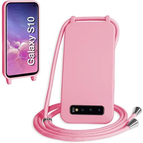 Coque Collier Pour Samsung Galaxy S10 6.1"", Housse Antichoc Mince Avec Lanyard Réglable Pu Bumper, Rose