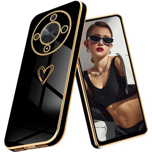 Coque En Silicone Forme De Coeur Pour Honor Magic 6 Lite 5g, Étui De Protection Antichoc Et Anti-Rayures Galvanisé Ultra Fin, Noir.