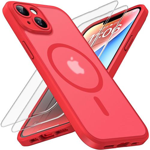 Coque Magnétique 3 En 1 Pour Iphone 14 : Verre Trempé Et Protection Écran/Objectif Améliorée, Rouge Mat Translucide (6.1 )