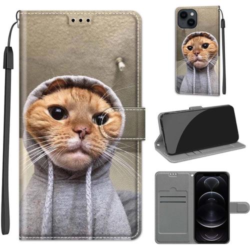 Coque Iphone 15 Plus En Cuir Pu Premium, Housse À Rabat Avec Fonction Stand, Porte-Carte, Motif Chat Orange