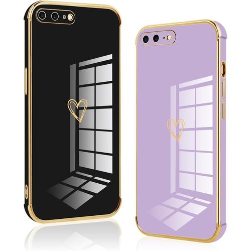 2 Housses Silicone Antichoc Pour Iphone 8 Plus/Iphone 7 Plus Avec Motif Coeur Et Bordure Dorée, Noir Et Violet