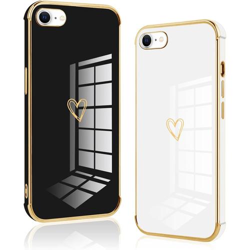 Coffret De 2 Coques Pour Iphone (8/Se2020/7/Se2022) Silicone Antichoc Avec Motif Coeur Et Bordure Dorée, Noir Et Blanc.