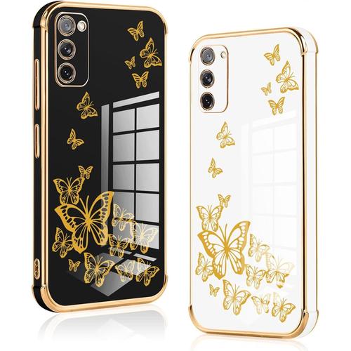 2 Packs Coque Pour Samsung Galaxy S20 Fe 5g, Silicone Tpu Antichoc Housse, Étui Avec Motif Papillons Butterfly Et Bordure Dorée An