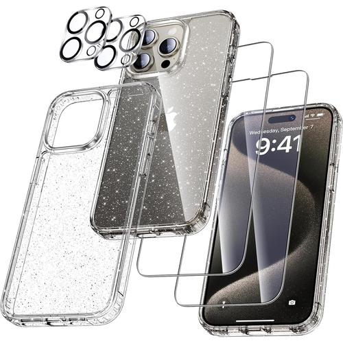 Coque De Protection 5-En-1 Pour Iphone 15 Pro Avec Protecteurs D'écran Et De Caméra Arrière Paillettés, Jamais Jaunie.