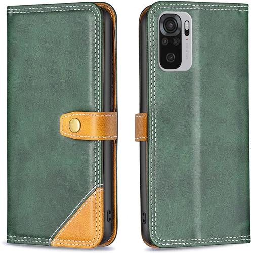 Étui Portefeuille En Cuir Pour Xiaomi Redmi Note 10 4g/10s, Avec Porte-Carte Et Rabat Clapet, Vert.