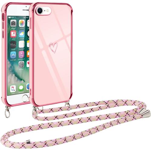 Coque Iphone 8/Se 2020/7/Se 2022 Avec Cordon De Collier, Motif Coeur D'amour, Antichoc Et Anti-Rayures, Bandoulière Incluse, Rose.