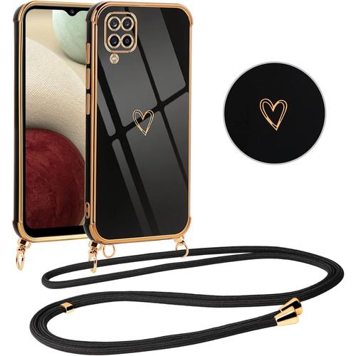 Coque Pour Samsung Galaxy A12/M12/A12 Nacho Avec Cordon De Collier, Galvanisé Etui Housse Avec Motif Coeur D'amour, Antichoc Anti-R