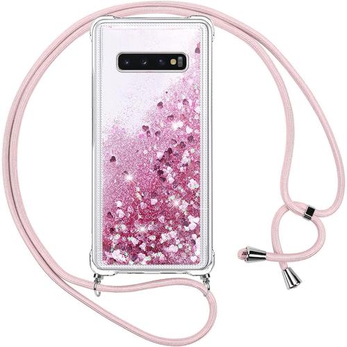 Coque Samsung Galaxy S10 Plus Avec Cordon, Paillette Liquide Transparente Antichoc, Collier Réglable Rose